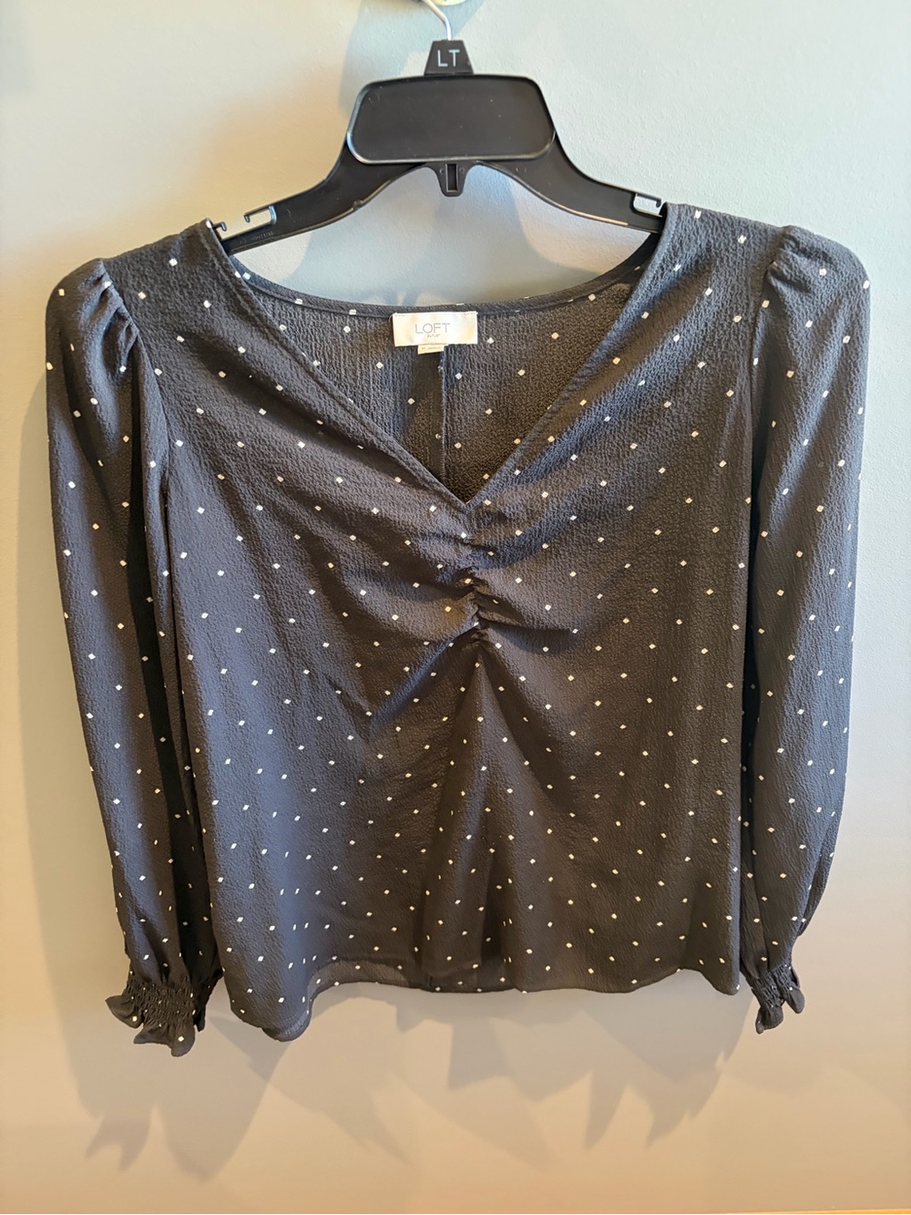 LOFT Charcoal Polka Dot V-Neck Blouse